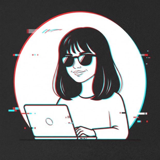 Illustrated portrait of Zeynep — bangs, sunglasses, working at a laptop, with a red-and-cyan glitch effect.
